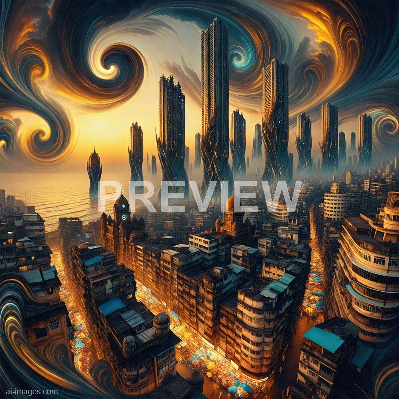 The image depicts a surreal cityscape with a mixture of modern skyscrapers and older, more traditional buildings in the foreground. Above the city, the sky is filled with swirling, abstract clouds in warm tones of orange, yellow, and dark blue, creating a dreamlike atmosphere. Tall, futuristic towers with twisting designs rise dramatically, blending into the swirling sky, giving the scene an otherworldly, fantastical appearance.